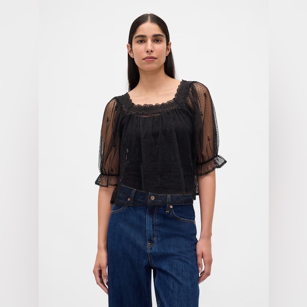 NWOT GAP True Black Sheer Tulle Embroidered Top Blouse Size XS